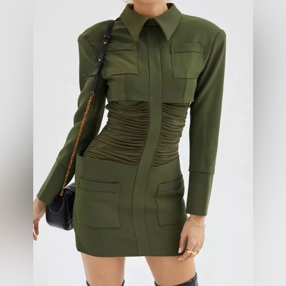 Army Green Uniform Ruched Mini Dress - Picture 2 of 7